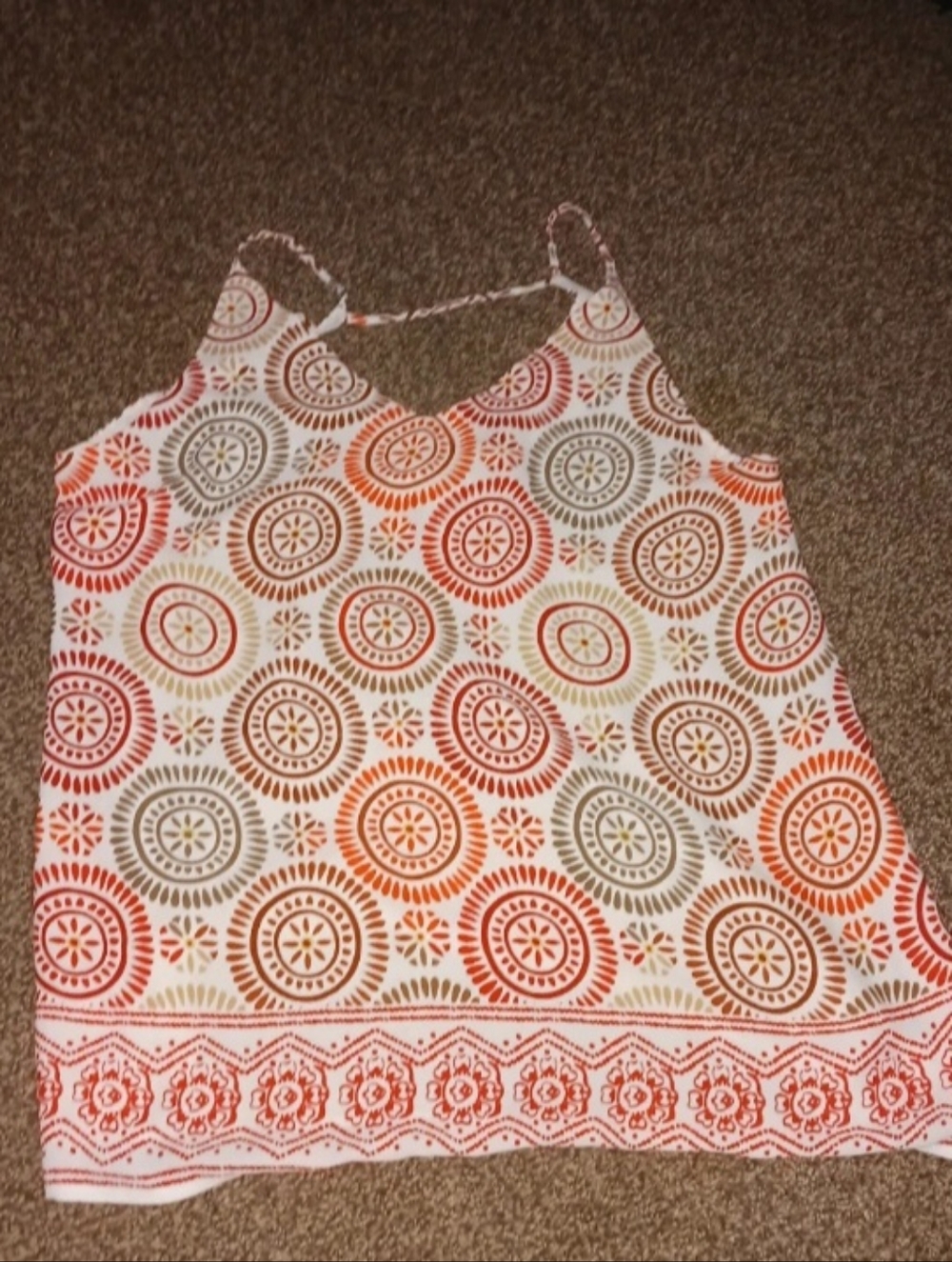 LOFT White Tank with Orange & Tan Geometric Medallions